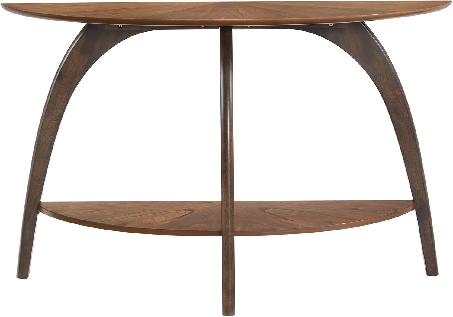 Retro Mid-Century Modern Half-Moon Wood Sofa Table with Lower Shelf, Console Table for Living Room or Entryway. Nutmeg Brown Top with Espresso Brown Legs