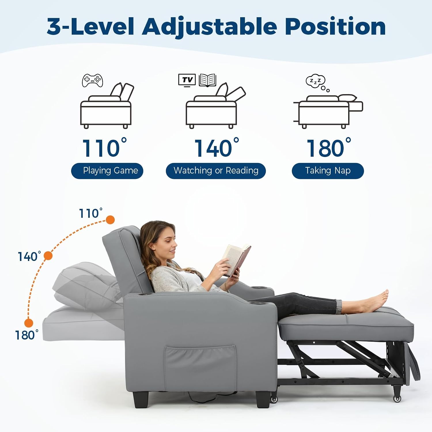 Sleeper Chair Pull Out Bed, 4 in 1 Convertible Sofa Chair Bed with Vibration Massage Lumbar Pillow, Single Sofa Recliner with USB/Type-C Port, Cup Holders and Side Pocket for Small Spaces (Grey)