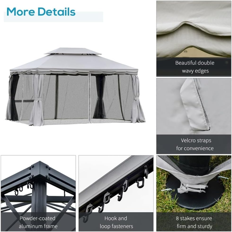 amopacorp 10x13 FT Gazebo Polyester Hardtop Double Roof Canopy Outdoor with 8 Stakes and Shaded Curtains Aluminum Frame Garden Tent for Patio, Backyard, Deck and Lawns, Grey