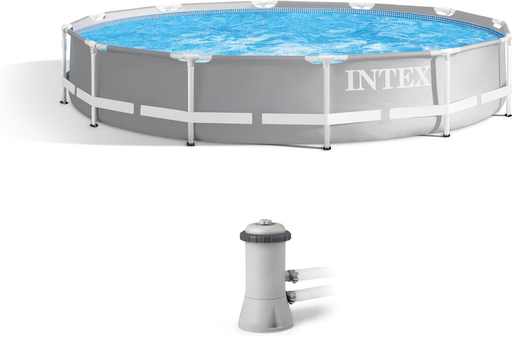 Intex Prism Frame 12 Foot x 30 Inch Round Above Ground Outdoor Swimming Pool Set for Backyards with 530 GPH Filter Pump and Steel Frame Pool Ladder