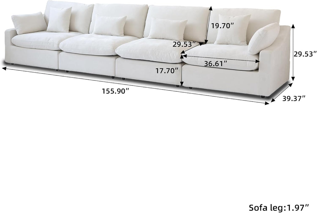 JACH Sectional Couches for Living Room, 4 Seater Cloud Sectional Couch with Deep Seat, Down Filled Modular Sofa, Covers Removable & Washable, Sofas Furniture for Living Room, White