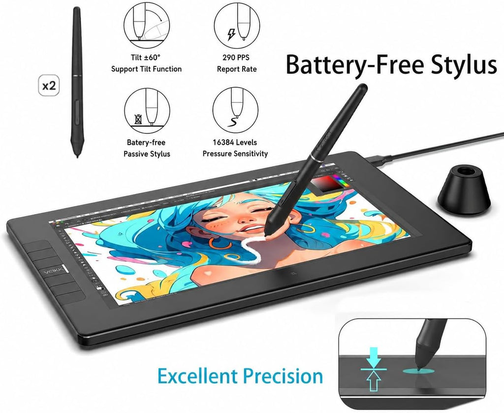 Drawing Tablet with Screen VK1200V3 11.6 inch,Graphics Tablet with Full-Laminated Screen Upgraded 16384 Pressure Sensitivity 2 Styluses,Adjustable Stand,6 Customizable Shortcut Keys