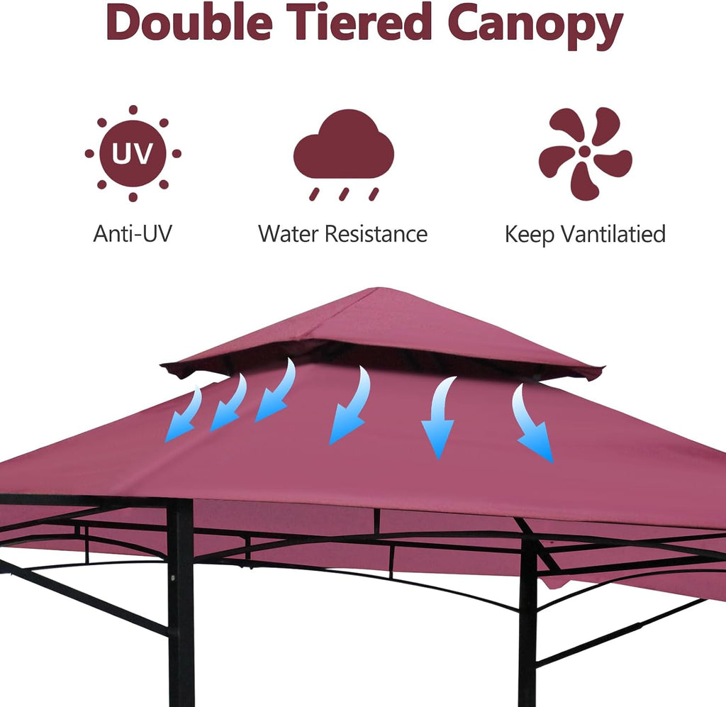 14 x 5 Grill Gazebo, Outdoor BBQ Grill Patio Canopy with 2 Handy Shelves & Extra Awning LED Lights, Double Roof Barbecue Gazebo Canopy (Red)