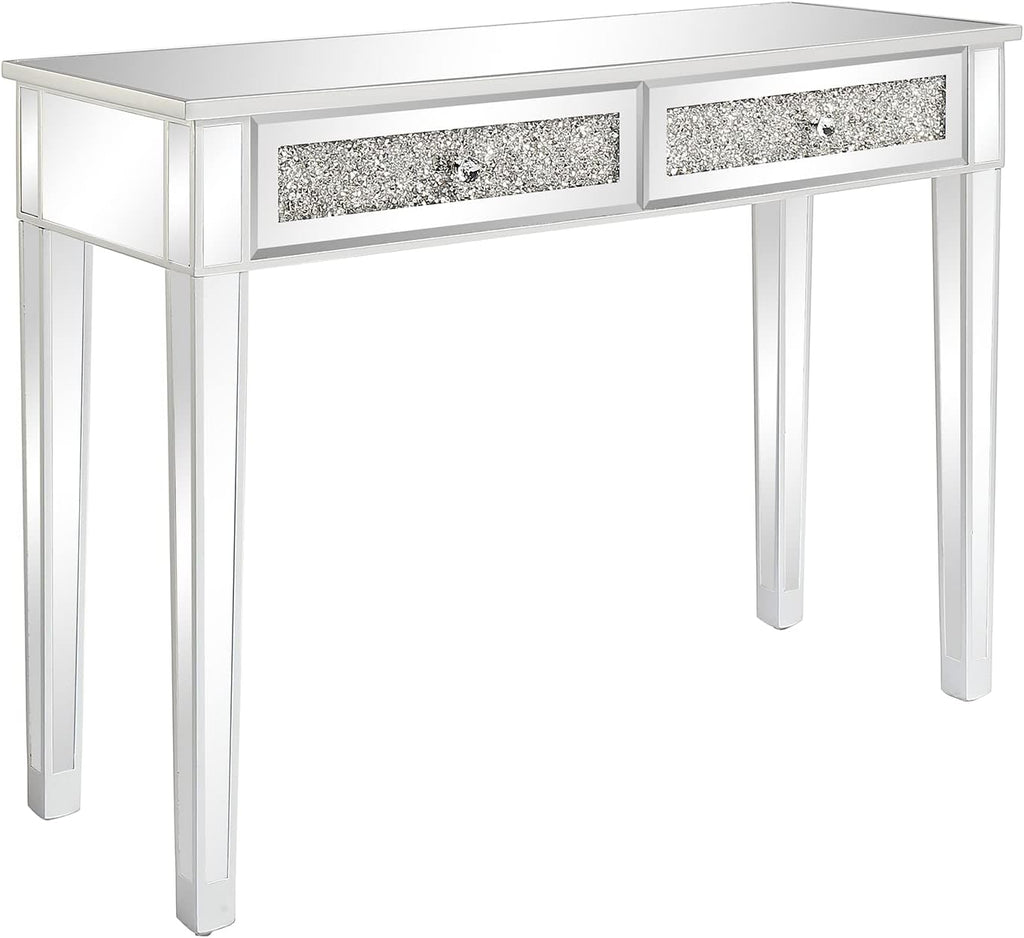 Karl home Mirrored Desk with 2 Drawers Silver Console Table Mirror Sofa Table with Crystal Inlay Front for Living Room, Entryway, Foyer, 42 Inch