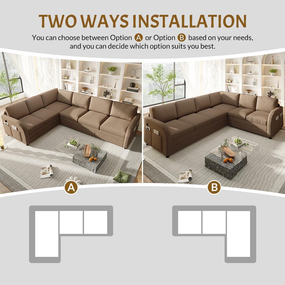 115.2'' Pull Out Couch Bed King Size, Convertible Sleeper Sofa, Oversized 6-Seater L-Shaped Couches with Side Pockets, USB, Teddy Reversible Sectional Sofa for Living Room, Apartment, Brown