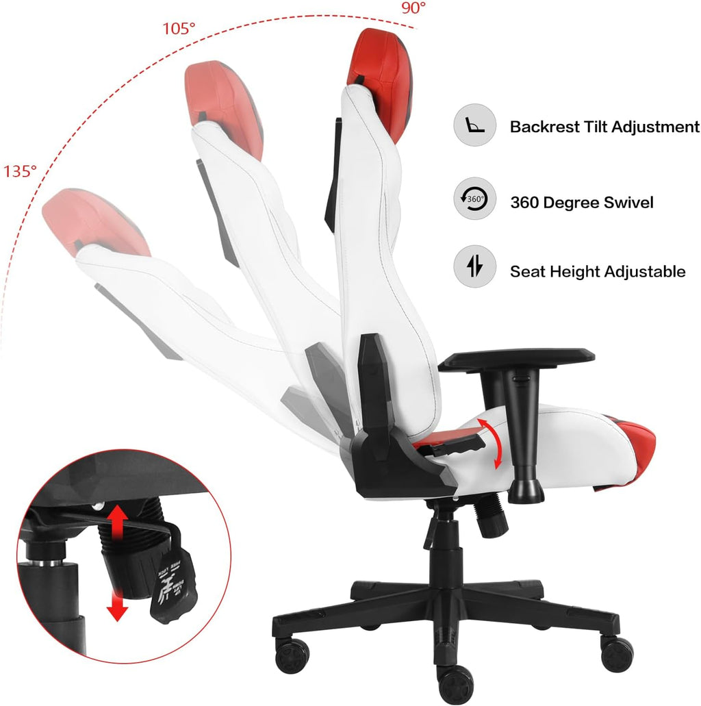 Modern-Depo Ergonomic Gaming Chairs for Adults with High-Density Memory Foam | Swivel Comfortable Office Chair, Big and Tall Video Game Chair, High Back Computer Chair for Home, Office, Red White