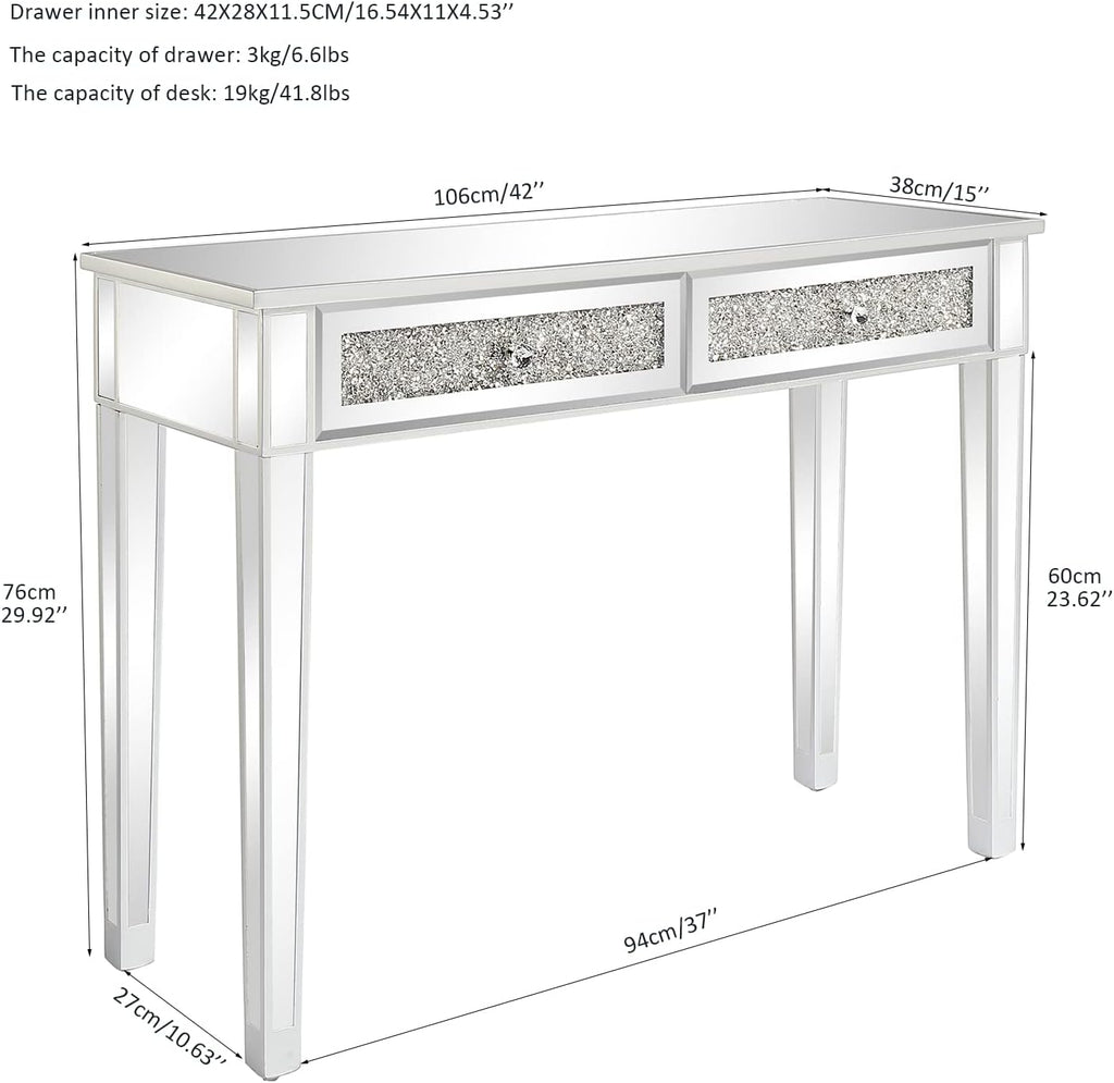 Karl home Mirrored Desk with 2 Drawers Silver Console Table Mirror Sofa Table with Crystal Inlay Front for Living Room, Entryway, Foyer, 42 Inch
