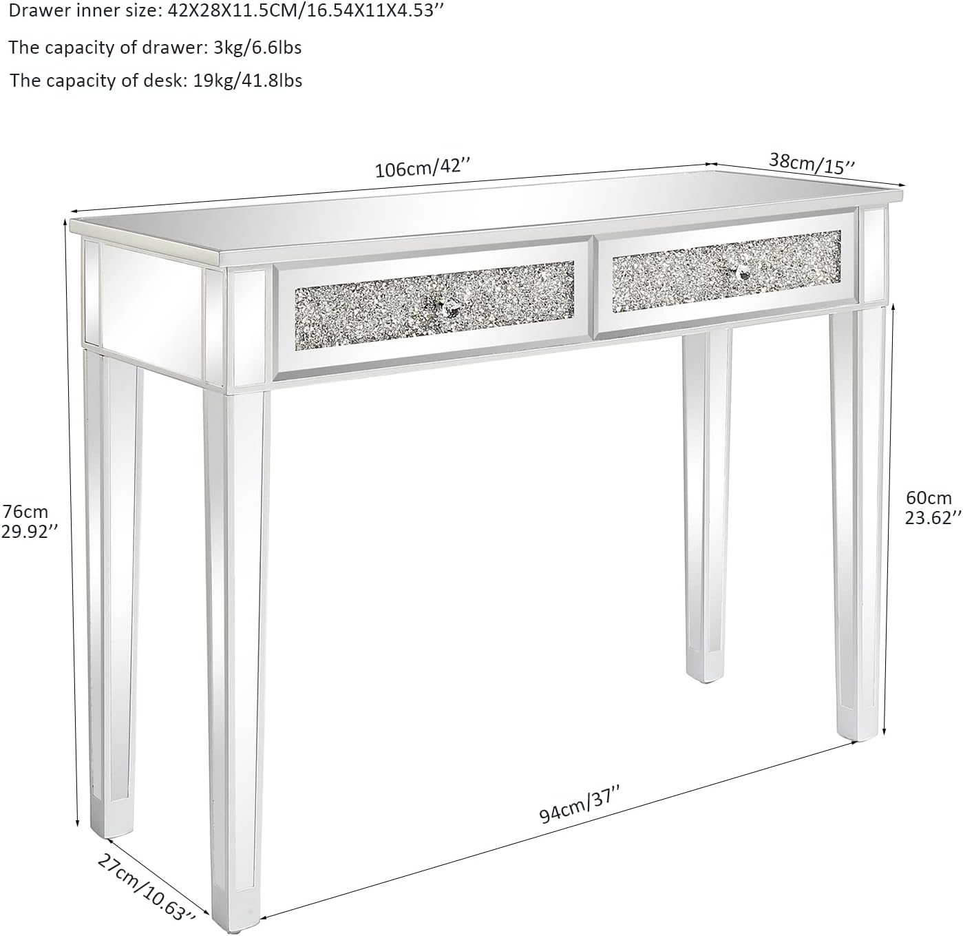 Karl home Mirrored Desk with 2 Drawers Silver Console Table Mirror Sofa Table with Crystal Inlay Front for Living Room, Entryway, Foyer, 42 Inch