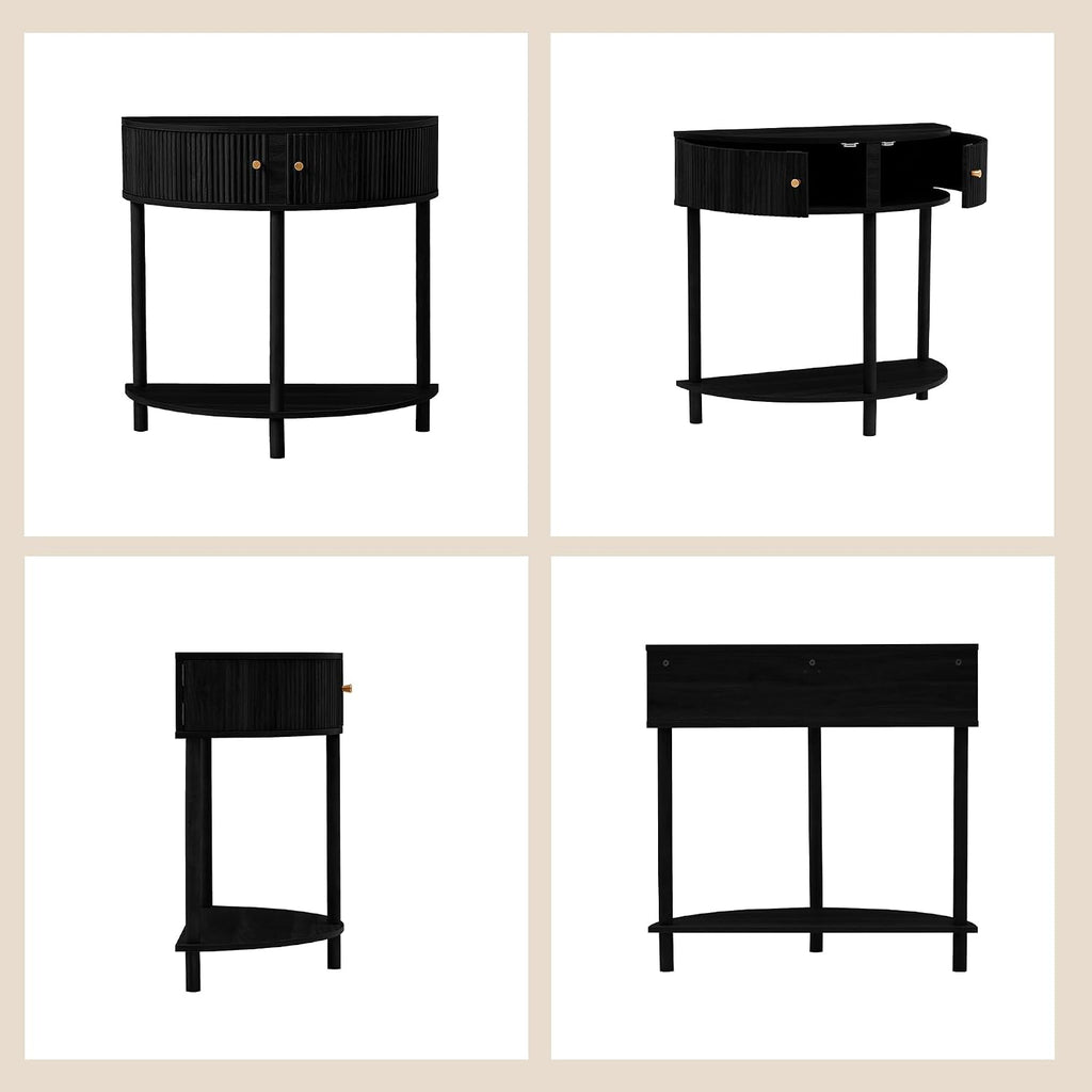 XUZENEST Fluted Half Moon Console Table, Modern Small Entry Table Sofa Table with Storage, Solid Wood Legs Narrow Entryway Table for Living Room, Hallway, Foyer(Black)