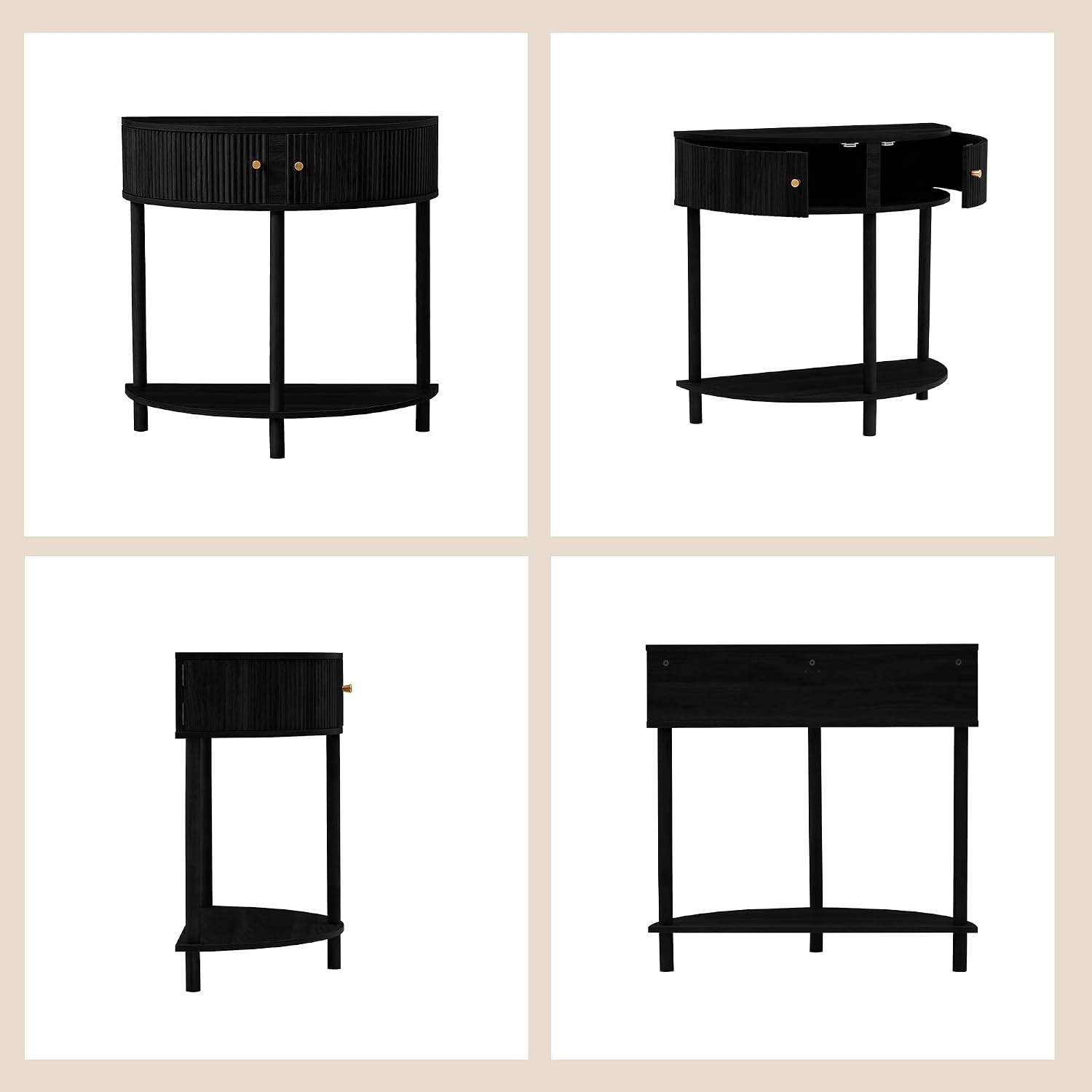 XUZENEST Fluted Half Moon Console Table, Modern Small Entry Table Sofa Table with Storage, Solid Wood Legs Narrow Entryway Table for Living Room, Hallway, Foyer(Black)