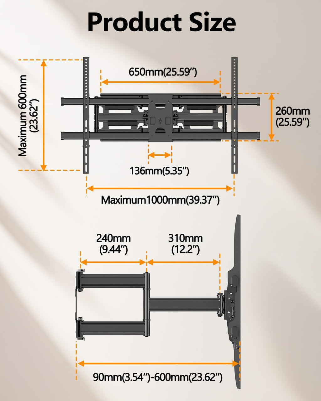 FORGING MOUNT Heavy Duty 60 to 120 inch XXXL Full Motion TV Wall Mount Max VESA1000x600mm Up to 275lbs for Extra Large Big Screens,Universal Articulating TV Mount Bracket Swivel Tilt,16-24' Studs