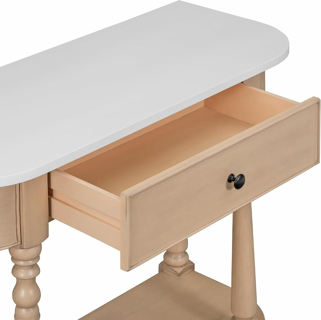 Small Curved Console Table 36-Inch Retro Farmhouse Entryway Sofa Table with Drawer & Storage Shelf for Entry Hallway Foyer Living Room Furniture, Solid Wood Legs, Space-Saving, Beige