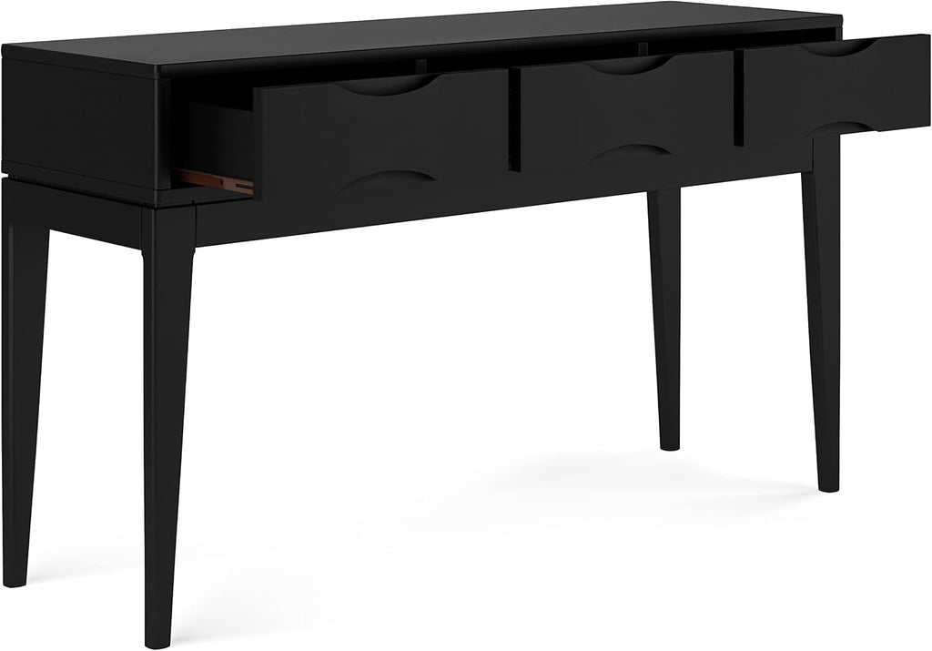 SIMPLIHOME Harper Console Table - 54 Inch Wide Solid Hardwood Sofa Table in Black, Mid-Century Modern Storage Table for Entryway or Living Room with 3 Drawers, Notched Handles, and Tapered Legs