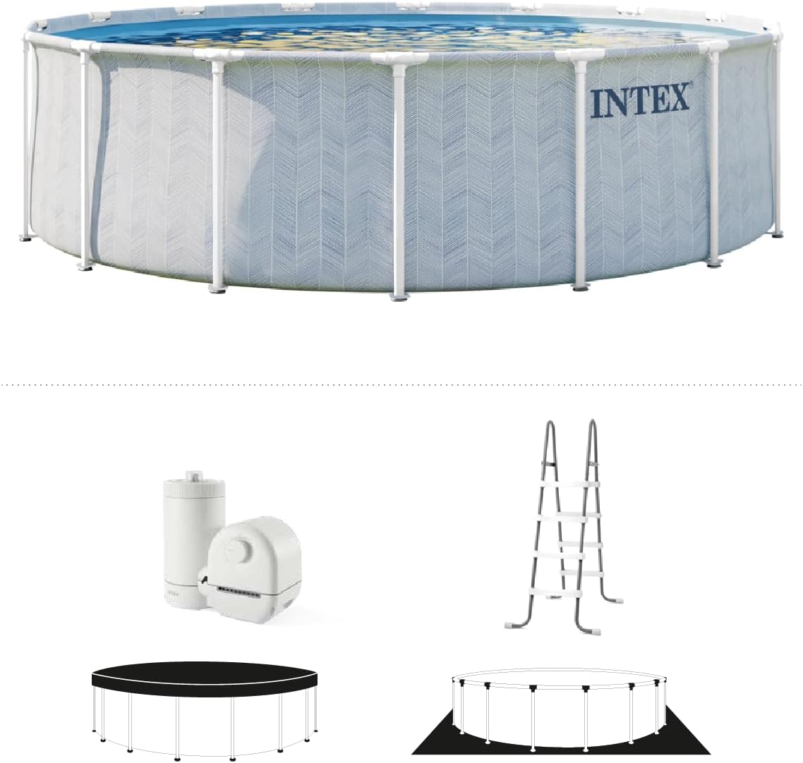 INTEX 26745EP 16ft X 48in Chevron Prism Frame Premium Above Ground Swimming Pool Set with 1500 GPH Filter Pump, Removable Ladder, Ground Cloth, Pool Cover