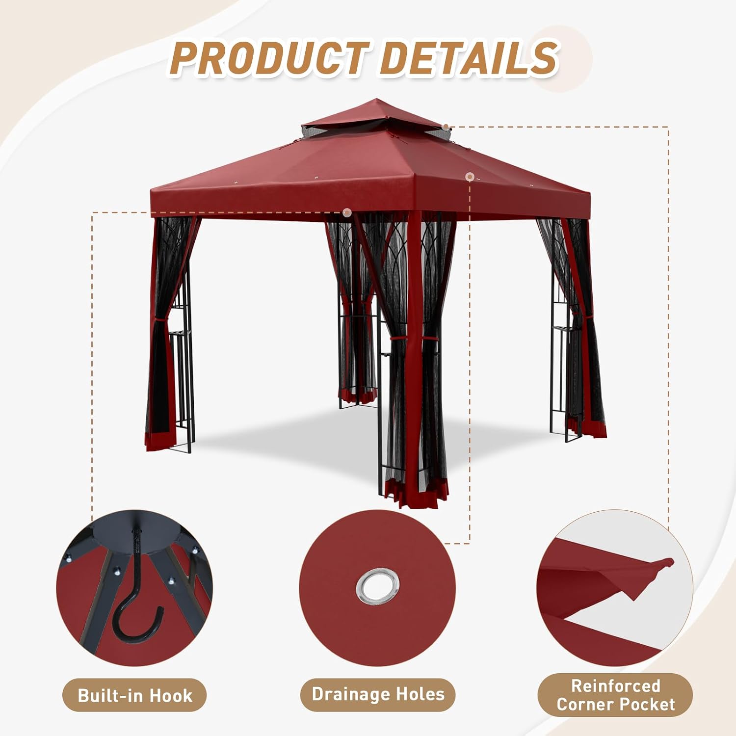 8x8 Outdoor Gazebo Tent with Netting and Corner Shelves, Double Roof Patio Gazebo with Soft Fabric Top, Outdoor Pavilion for Backyard Patio Garden Lawn, Red