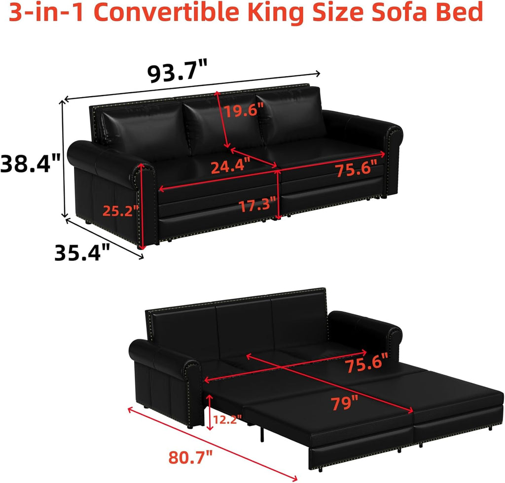 93.7' King Size Sofa Bed Couch,PU Leather 3-in-1 Convertible Pull Out Sleeper Sofa Bed,Chesterfield Sofa with Nailhead Trim and Rolled Arm,Black