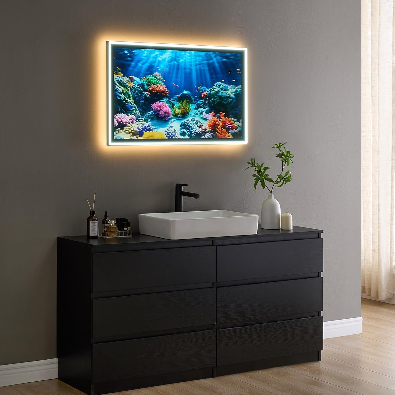43inch Bathroom Mirror TV with LED Light, 4K Ultra HD Modern Vanity Mirror Smart TV, Built-in Speakers,Wi-Fi & Bluetooth, Voice Control,2026 Model (Android TV System)