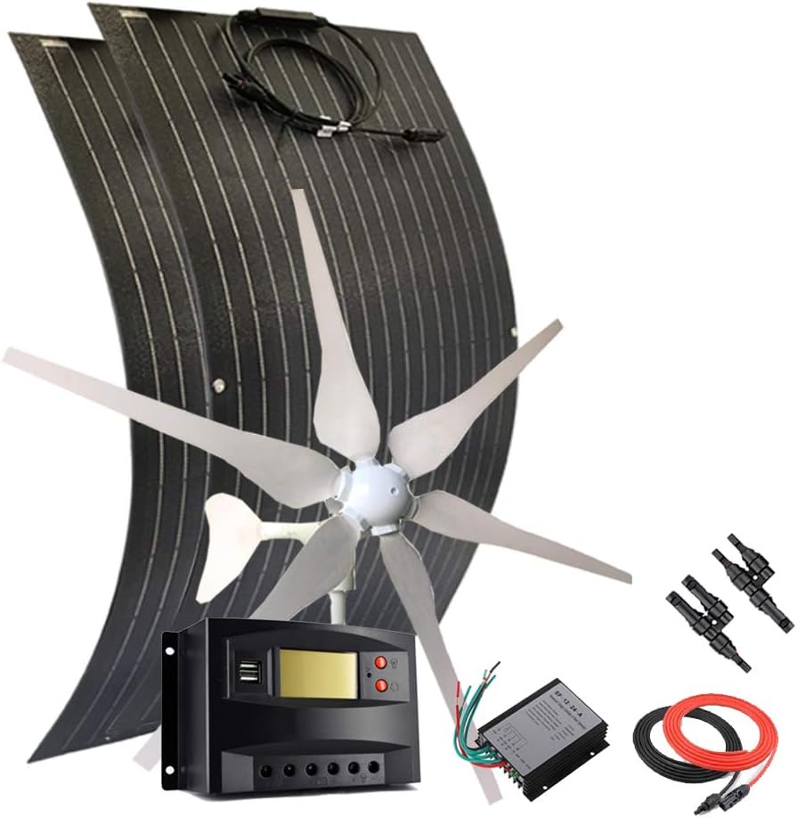 600W Solar Panel Wind Turbine Kit for RV:400W Wind Turbine Generator/2pcs 100W etfe Flexible Solar Panels Monocrystalline/Charge Controller/Cable/Connector