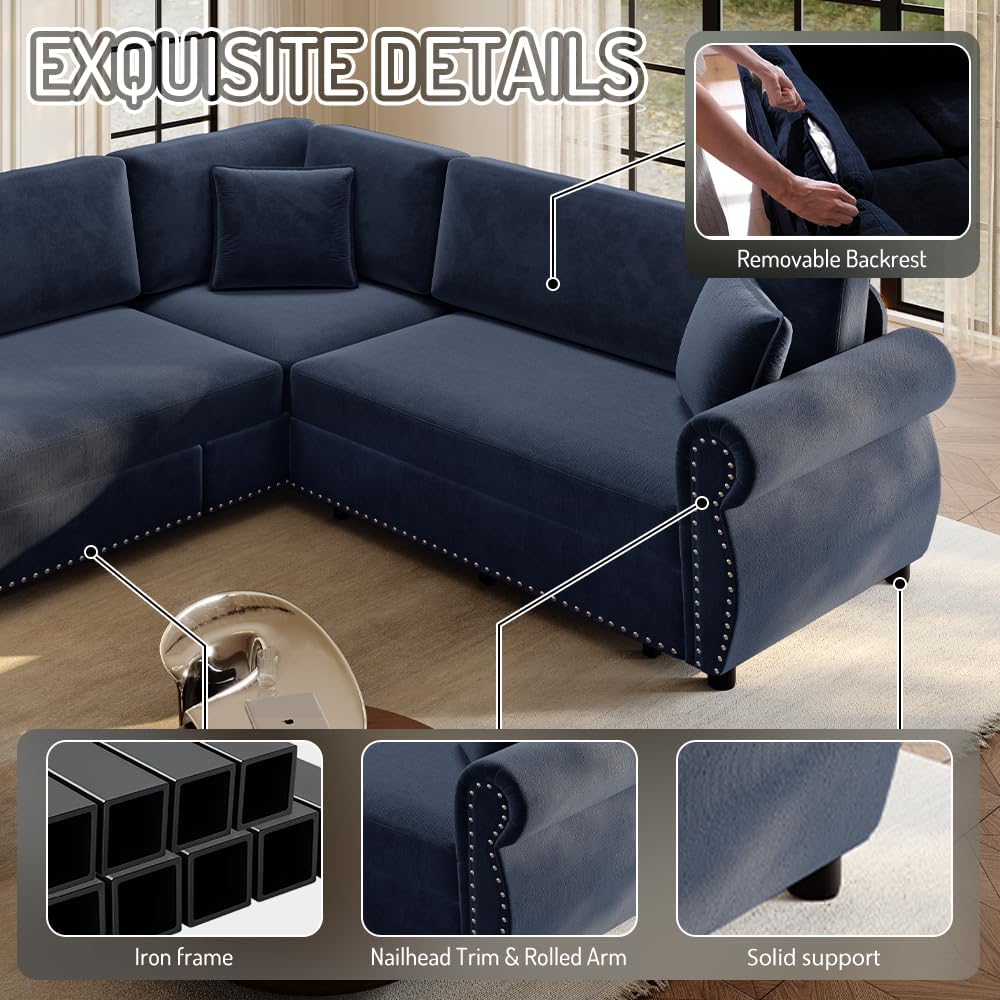 88.2'' Pull Out Couch, Convertible Sleeper Sofa Bed, Upholstered Sectional Sofa, Chenille L-Shaped Couch with Nailhead Trim, 4-Seater Modern Sectional Couches for Living Room, Apartment,Blue