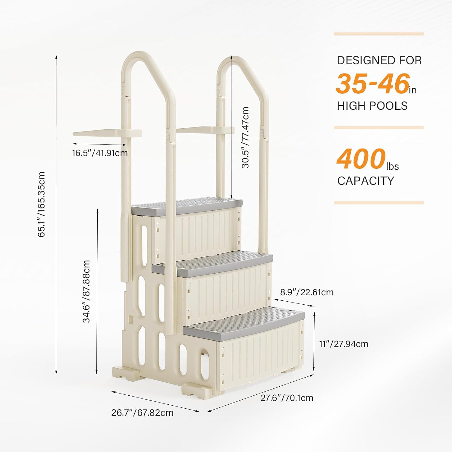 VINGLI Pool Ladder Heavy-Duty Safety Step for Above Ground Pools Stair Entry System with Handrails, Beige and Grey (Beige & Gray, 3 Steps)