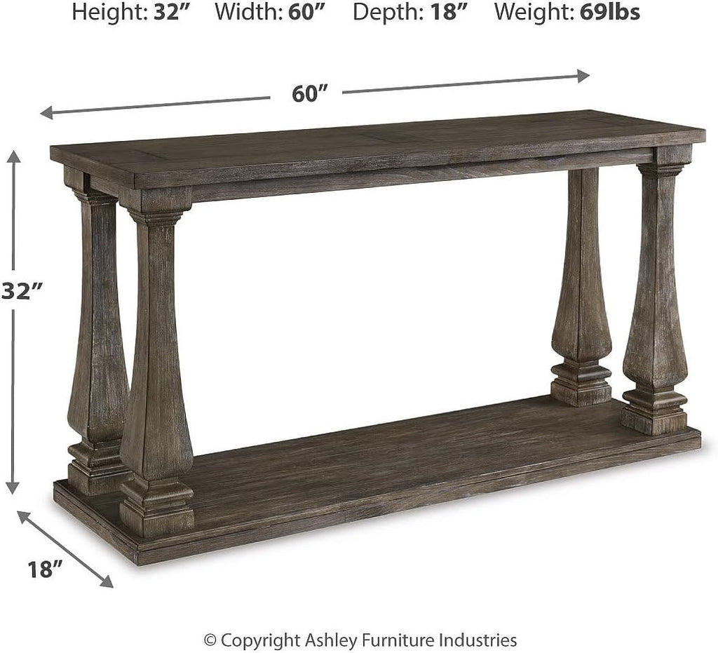 Signature Design by Ashley Johnelle Casual Sofa Table, Plank-look Framed Tabletop, Weathered Finish, Elm Veneers and Wood, 60' W x 18' D x 31.88' H, Gray