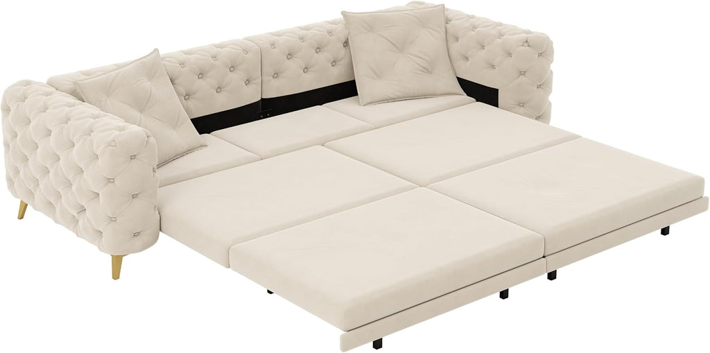 97.7'' Pull Out Sofa Bed King, Chesterfield Velvet Sleeper Sofa, Convertible L-Shaped Futon Couch, Tufted Back, 2 Pillows, Ottoman, Deep Seat Loveseat Couches for Living Room, Apartment, Beige