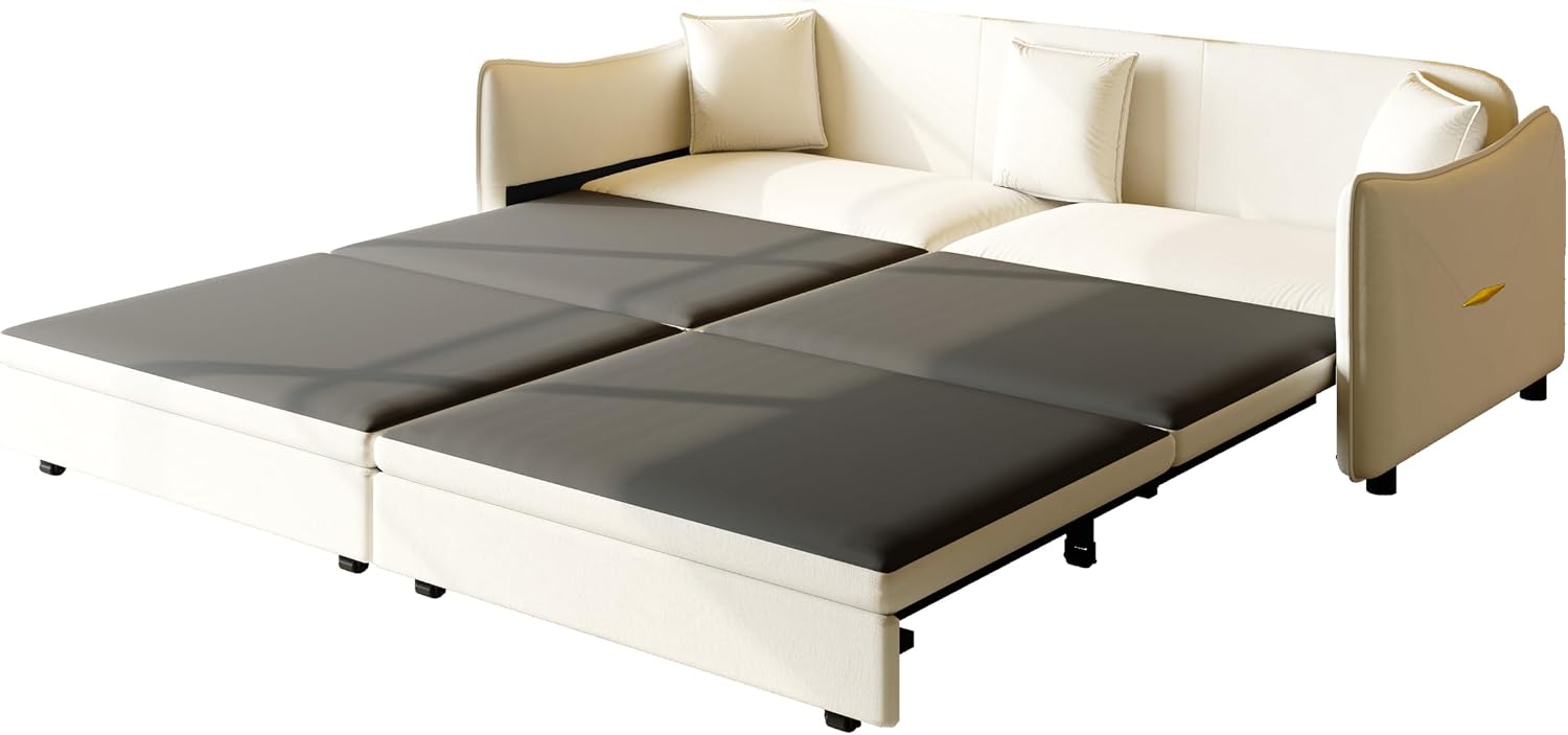 81.9' Sleeper Sofa Bed King Size, 3-in-1 Convertible Couch, Modern Pull Out Couches, Comfy Velvet Futon Sofa, Cloud Loveseat Lounge, 3 Pillows, for Small Spaces, Living Room, Gold Beige