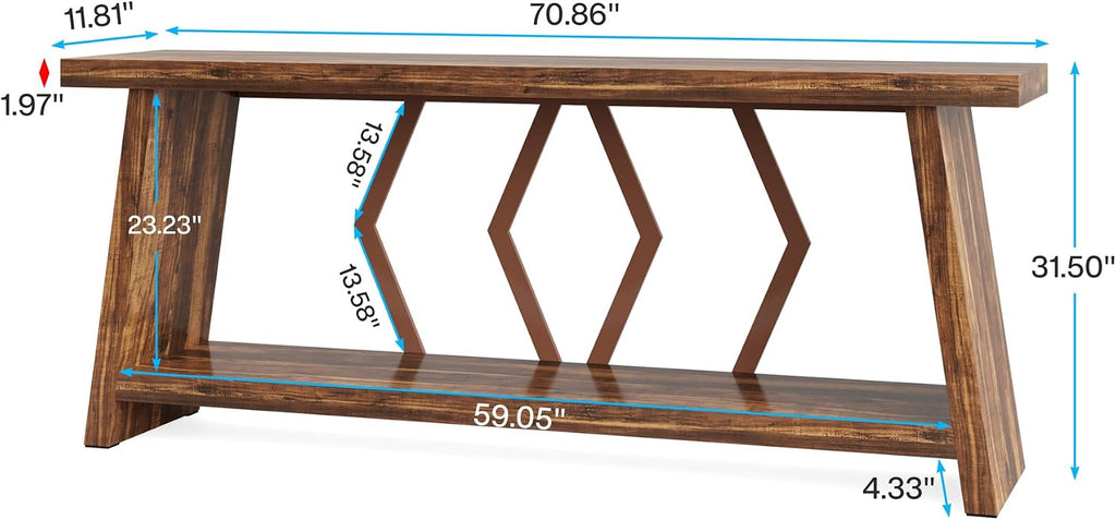 Tribesigns 70.86-Inch Farmhouse Console Table, Industrial Narrow Long Sofa Entryway Table with Storage, 2-Tier Wood Couch Foyer Accent Table for Living Room, Hallway, Entrance (Brown)