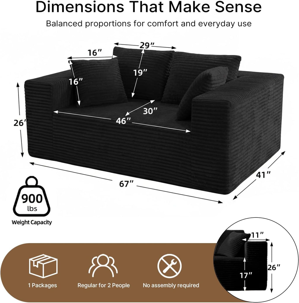 2-Seater Loveseat Sofa - Deep-Seat Corduroy No Assembly Lounge Sleeper, Frameless Foam Cloud Loveseat for Living Room, Bedroom, Apartment, Dorm, Office