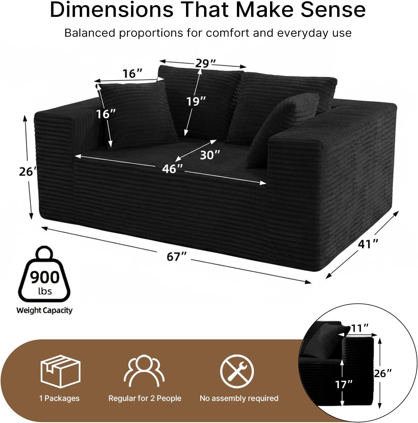 2-Seater Loveseat Sofa - Deep-Seat Corduroy No Assembly Lounge Sleeper, Frameless Foam Cloud Loveseat for Living Room, Bedroom, Apartment, Dorm, Office