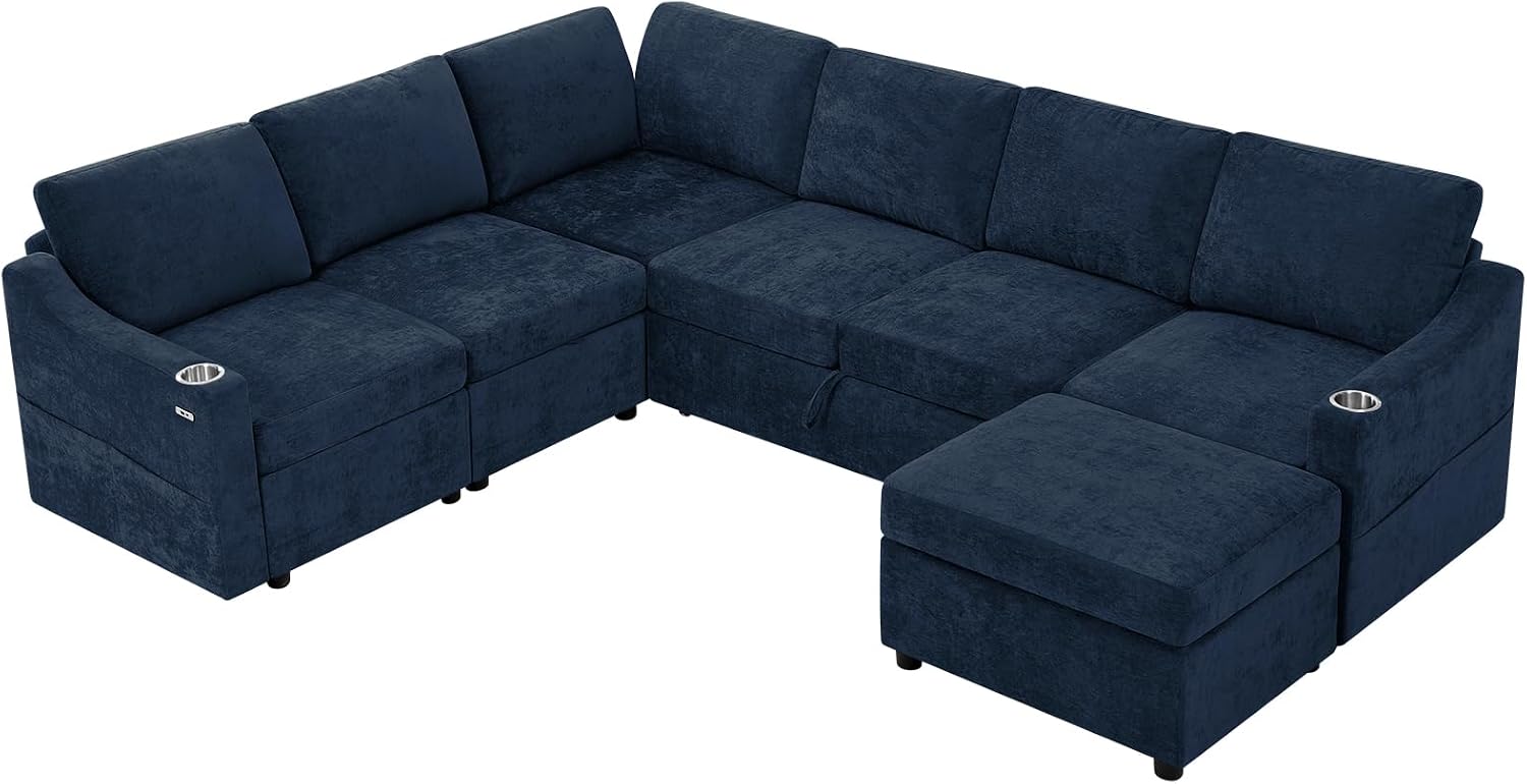 116' Chenille Modular Sofa Bed w/Adjustable Backrests, U-Shape Sleeper Sofa w/USB Ports & Storage Space, Convertible Corner Sectional Couch w/Pull Out Bed for House, Living Room, Blue
