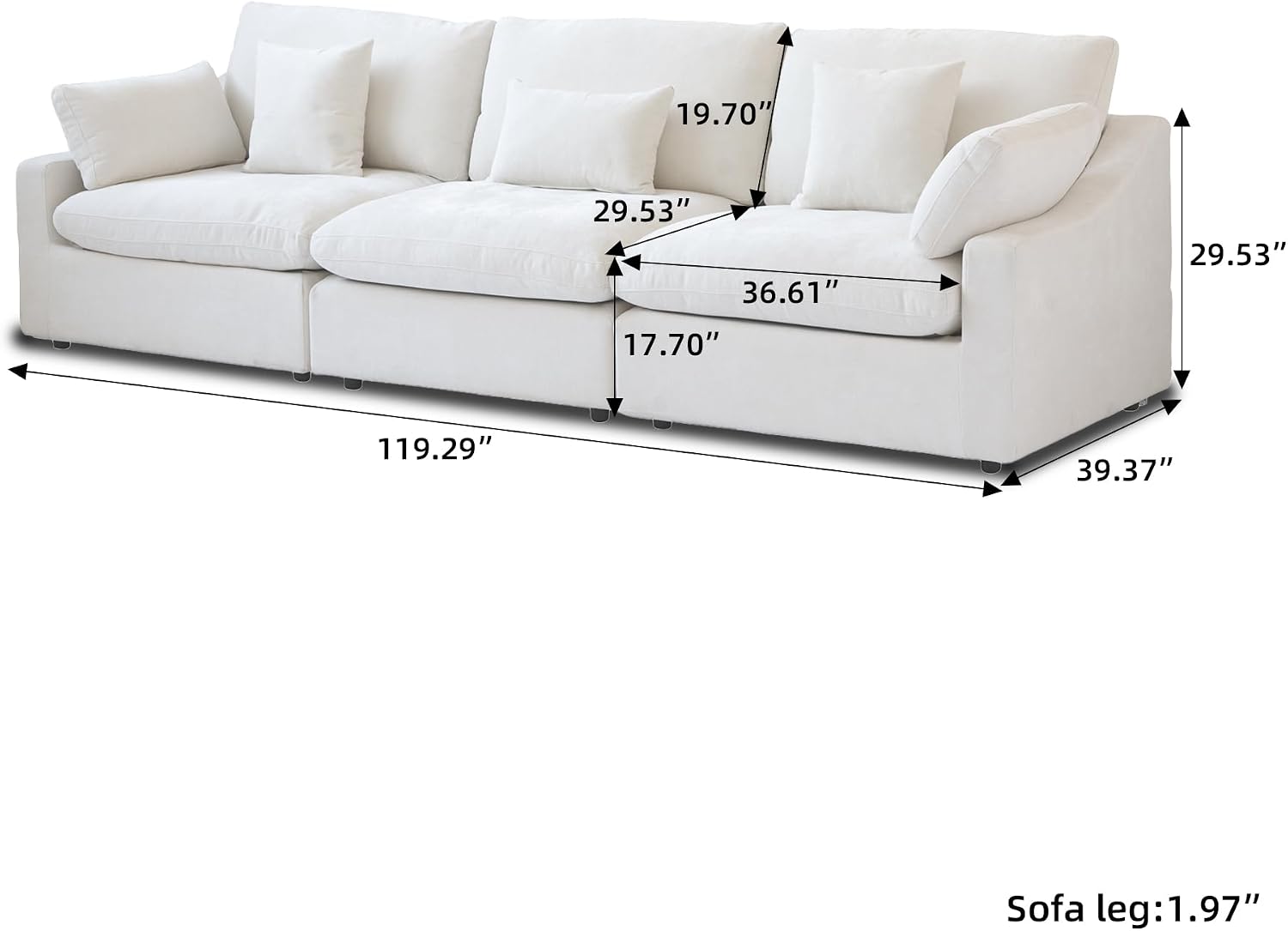 JACH Sectional Couches for Living Room, 3 Seater Cloud Sectional Couch with Deep Seat, Down Filled Modular Sofa, Covers Removable & Washable, Sofas Furniture for Living Room, White