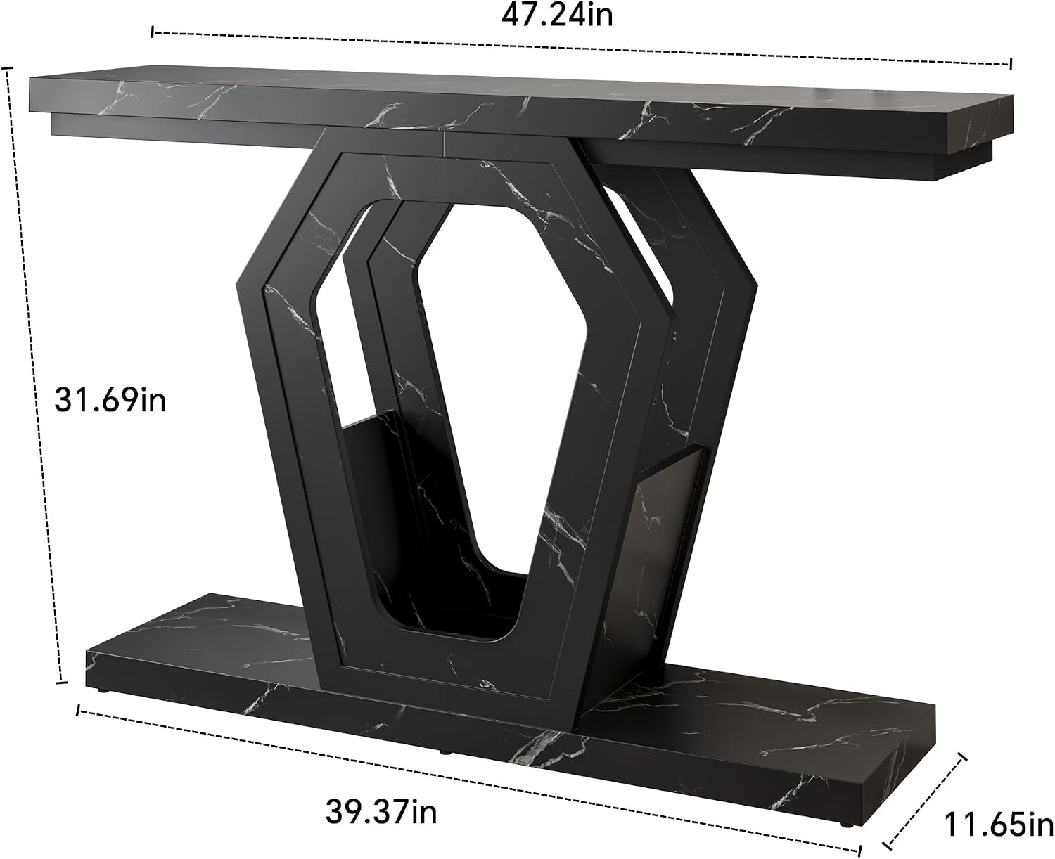 FUSUNBAO 47.3' Console Table,Openwork Bracket Sofa Table, Wood Narrow Entryway Table for Hallway, Behind The Couch, Living Room, Foyer, Easy Assembly (Black Marble Texture)