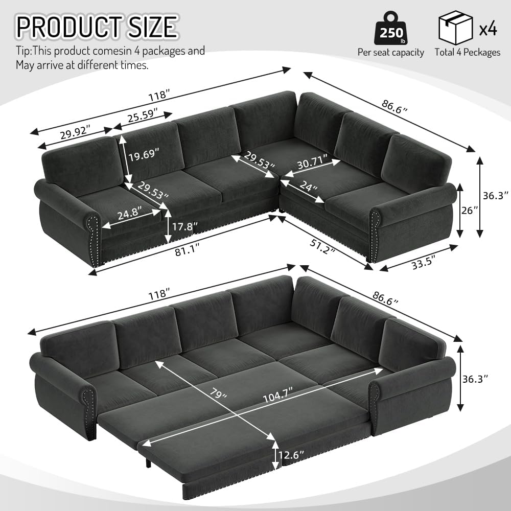 118'' Sleeper Sofa Bed with Pull Out Couch Bed, Chenille L Shaped Sectional Sofa with Nailhead Trim & Rolled Arm, 6 Seater Corner Sectional Couches for Living Room Furniture, Dark Grey