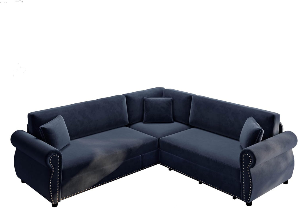 88.2'' Pull Out Couch, Convertible Sleeper Sofa Bed, Upholstered Sectional Sofa, Chenille L-Shaped Couch with Nailhead Trim, 4-Seater Modern Sectional Couches for Living Room, Apartment,Blue