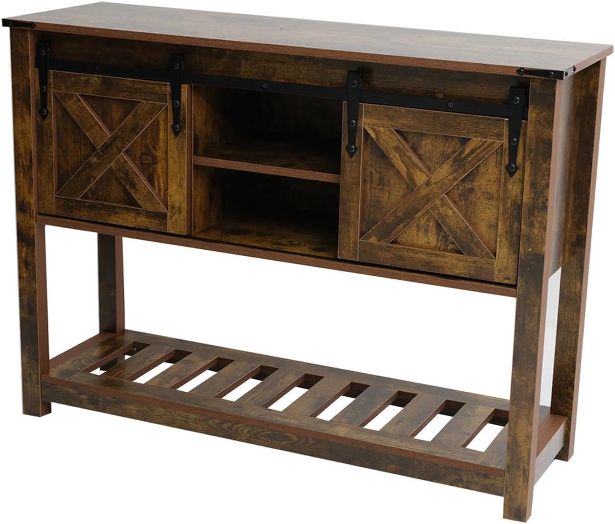 Farmhouse Entryway Table with Sliding Barn Doors, Wood Console Table with Storage Shelf, Rustic Sofa Table for Living Room, Entryway, Foyer, Brown