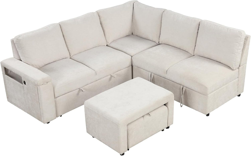 LUMISOL 90' Convertible Sleeper Sofa Bed with Pull-Out Bed & Ottoman, L-Shaped Sectional Sofa Bed with USB Ports, Cup Holders & Storage, Corner Sofa Couch with Storage Chaise for Living Room, Beige