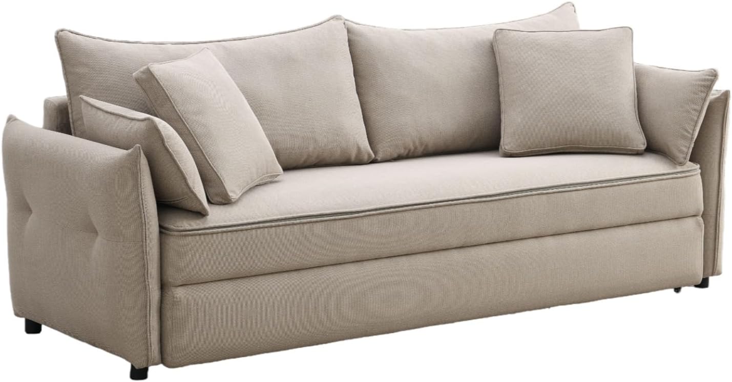 Acme Irina Fabric Upholstered Sofa with Full Size Sleeper and 4 Pillows in Beige