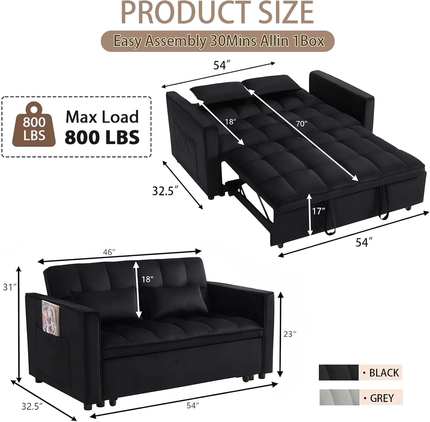 70' 3 in 1 Pull Out Couch, Loveseat Sleeper Sofa with Side Pockets, Convertible Velvet Fabric Sofa Bed for Living Room, Bedroom, Apartment, Easy Assembly, Black