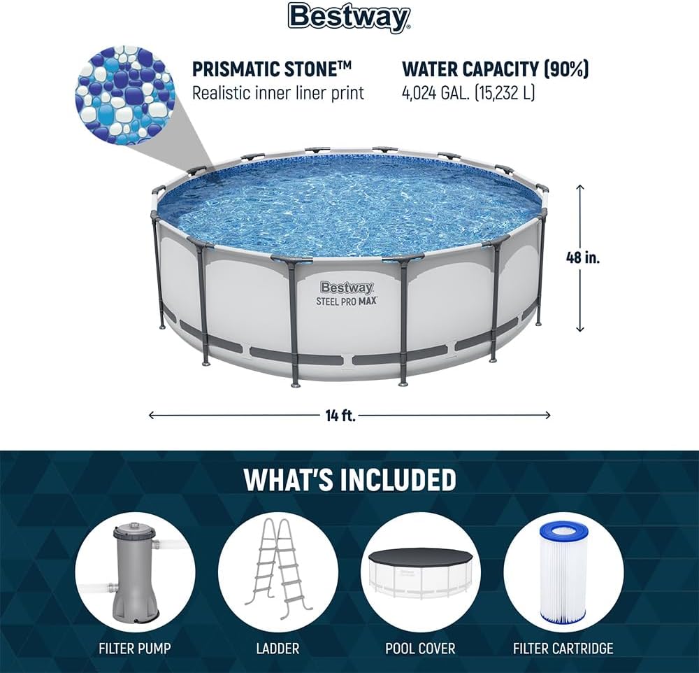 Bestway 2 Pack Steel Pro MAX Above Ground Pool Set, 14 Foot x 48 Inch Round Metal Frame, Outdoor Swimming Pool with 1,000 Filter Pump, Ladder, Cover
