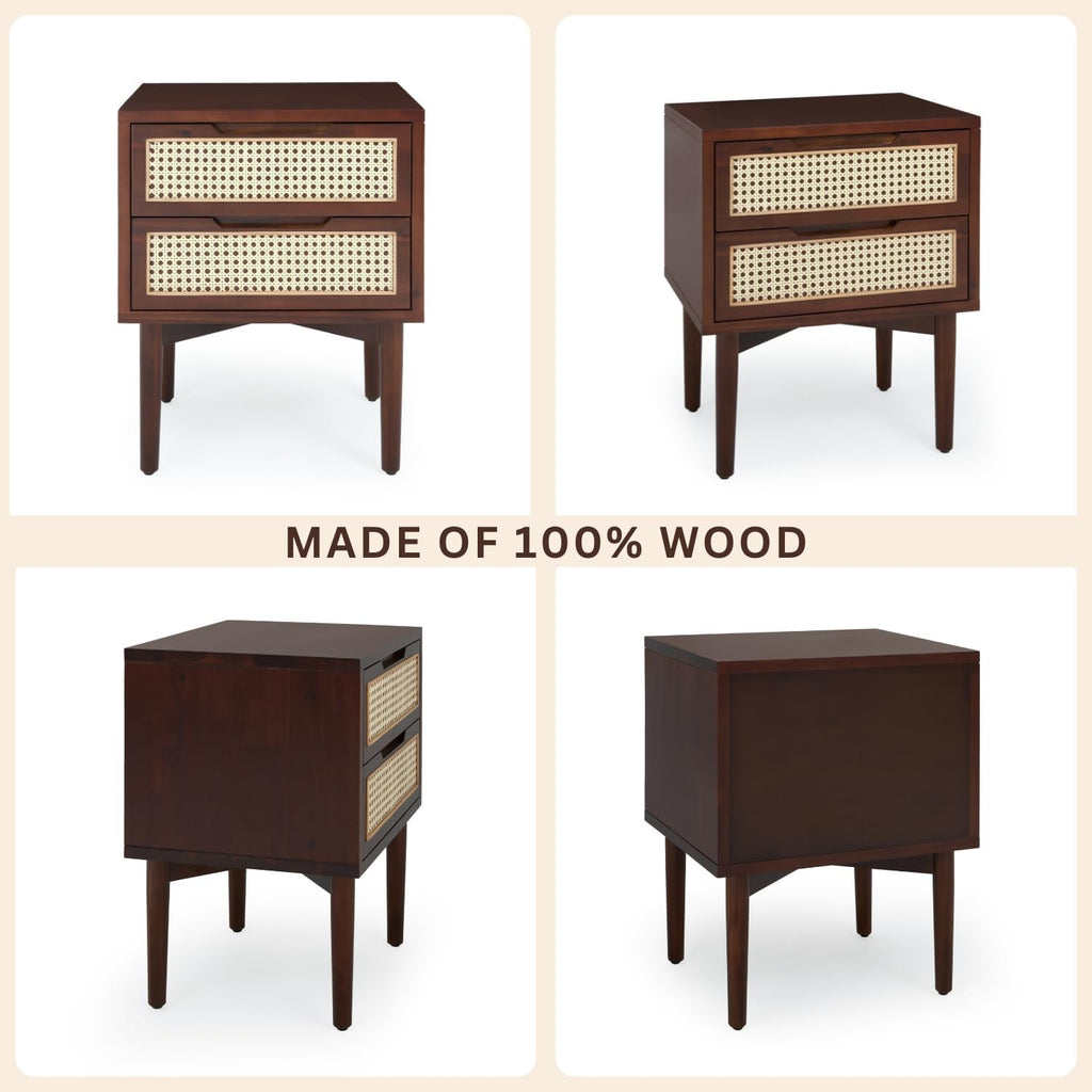 Bme Oliver Solid Wood Rattan Nightstand/Side Table/End Table, Fully Assembled, for Bohemian & Mid Century Style Bedroom and Living Room, Walnut