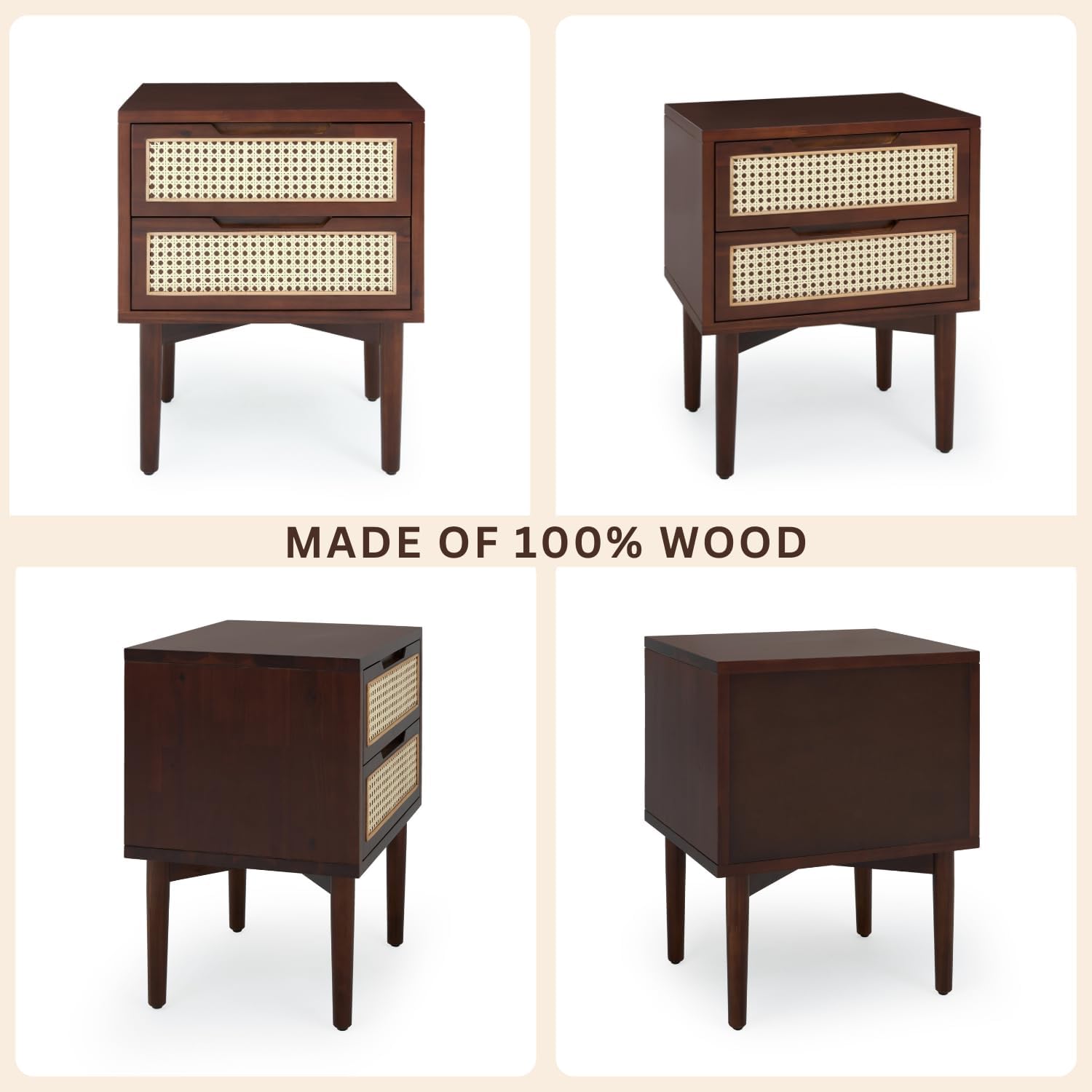 Bme Oliver Solid Wood Rattan Nightstand/Side Table/End Table, Fully Assembled, for Bohemian & Mid Century Style Bedroom and Living Room, Walnut