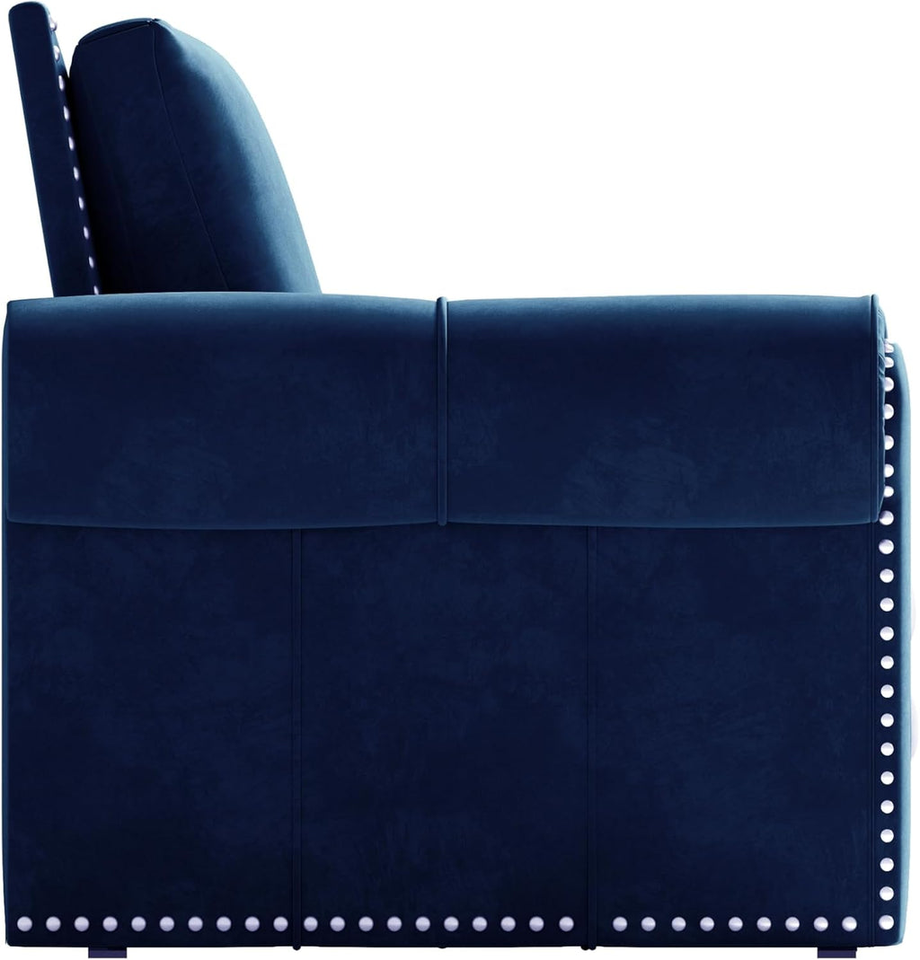 93.7' King Size Sofa Sleeper with Pull Out Bed, 3 in 1 Convertible Sleeper Sofa Bed, Velvet Folding Loveseat 3-Seater Couch with Deep Seat, Nailhead Trim & Rolled Arm for Living Room (Blue)