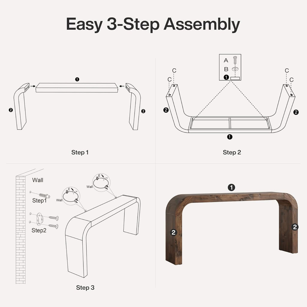 Solid Wood Console Table, 70.87-Inch Farmhouse Sofa Table with Waterfall Curved Corners for Hallway, Living Room, Behind Couch, Entrance (Dark Brown)