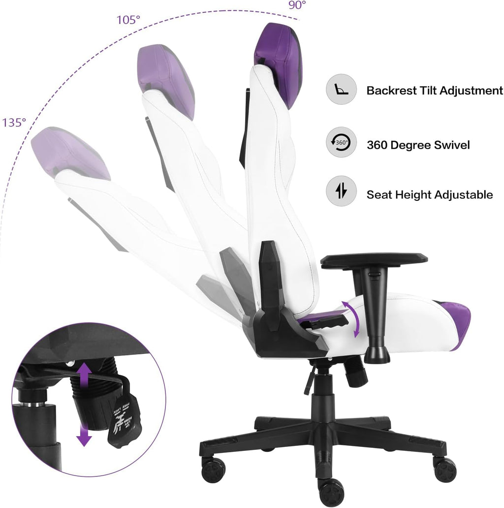 Modern-Depo Ergonomic Gaming Chairs for Adults with High-Density Memory Foam | Swivel Comfortable Office Chair, Big and Tall Video Game Chair, High Back Computer Chair for Home, Office, Purple White
