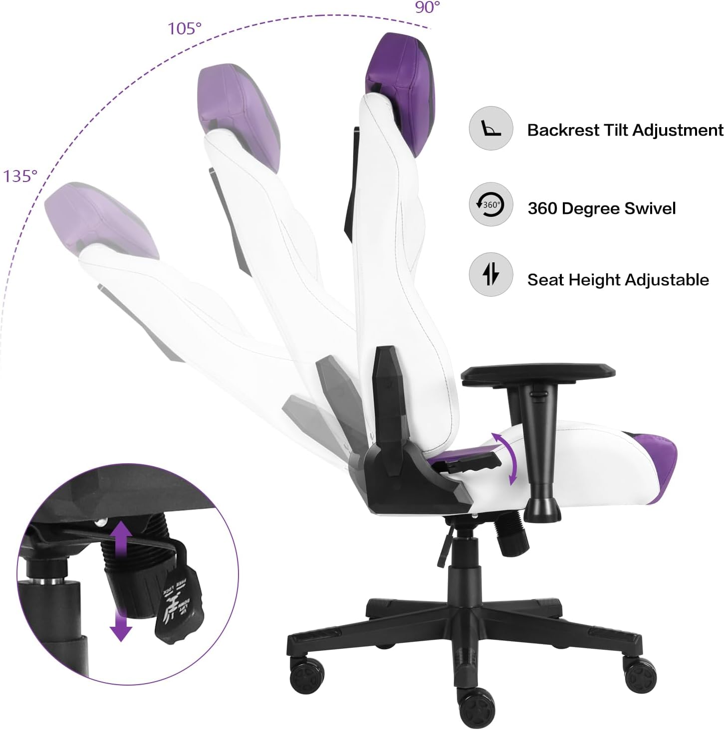Modern-Depo Ergonomic Gaming Chairs for Adults with High-Density Memory Foam | Swivel Comfortable Office Chair, Big and Tall Video Game Chair, High Back Computer Chair for Home, Office, Purple White