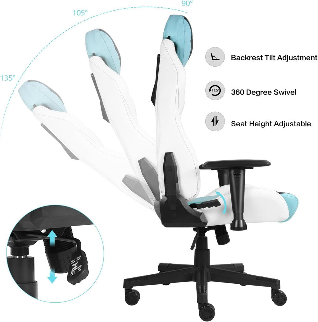 Modern-Depo Ergonomic Gaming Chairs for Adults with High-Density Memory Foam | Swivel Comfortable Office Chair, Big and Tall Video Game Chair, High Back Computer Chair for Home, Office, Cyan White