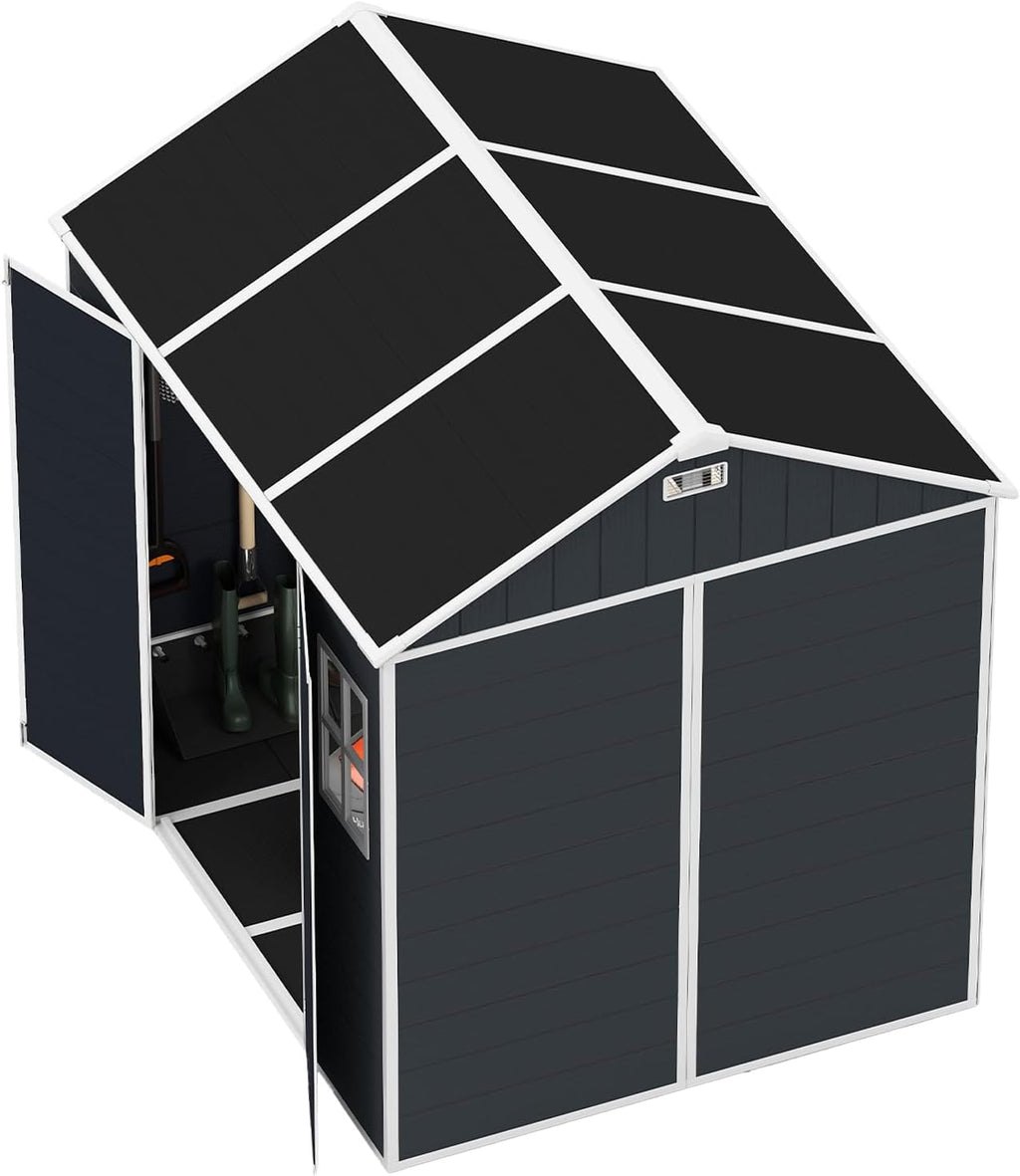 8x7ft Outdoor Storage Shed with Lockable Double Doors, Heavy Duty Resin Garden Shed for Backyard, 2 Windows & Floor Included, Hurricane-Proof, Waterproof UV-Resistant for Lawn Mower/Patio Furniture