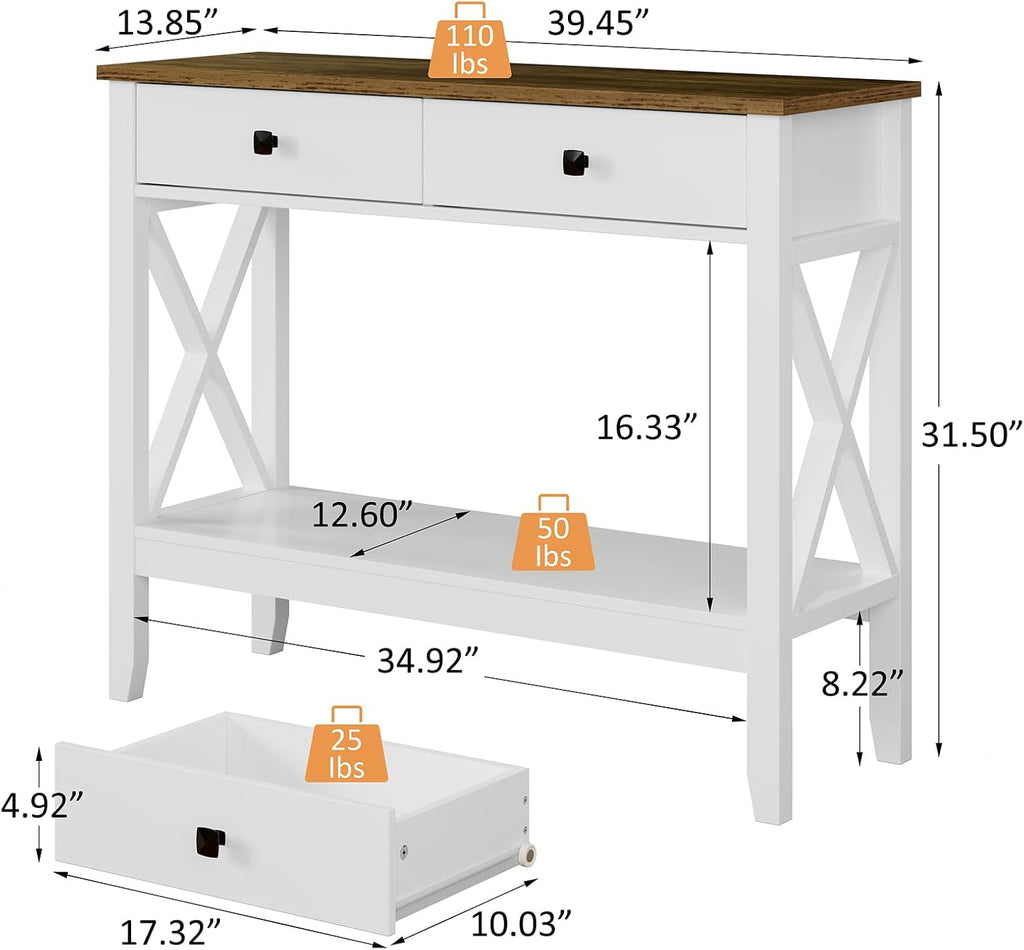 Lomojo Console Table,Sofa Table 13.8' D x 39.37' W x 31.5' HEntryway Table with 2 Drawers Storage Shelve Foyer Table for Entryway Farmhouse Hallway Tables (White)