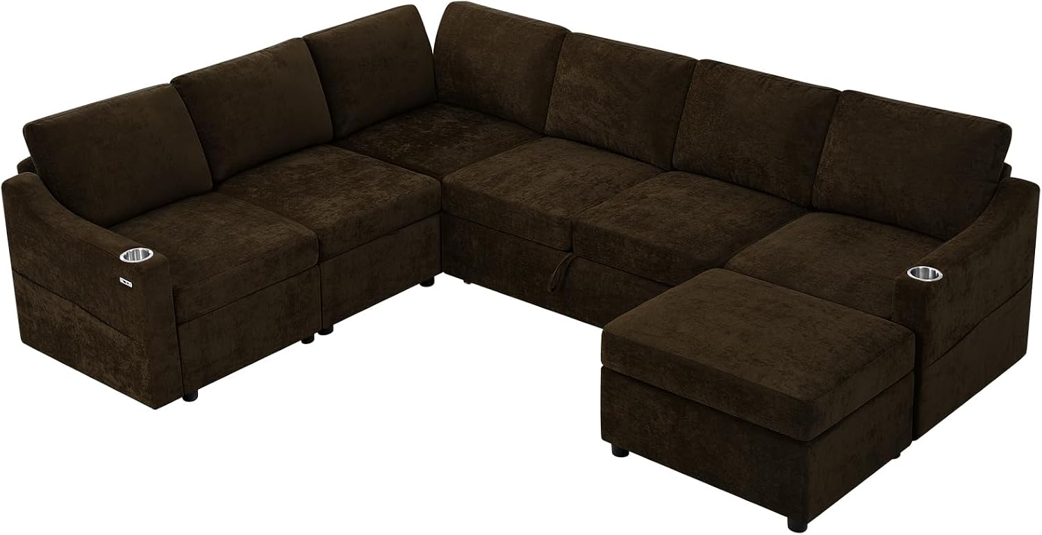 116' Chenille Modular Sofa Bed w/Adjustable Backrests, U-Shape Sleeper Sofa w/USB Ports & Storage Space, Convertible Corner Sectional Couch w/Pull Out Bed for House, Living Room, Brown